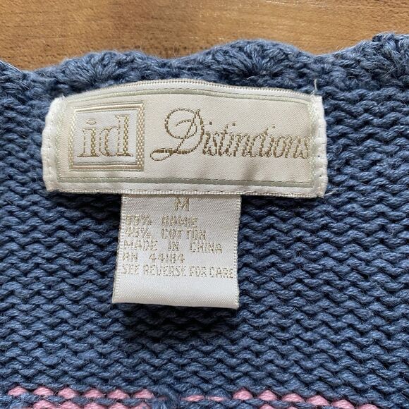 VINTAGE 90s Women M Blue Granny Core Heart Patchwork Heavy Knit Sweater Cottage - Picture 9 of 16